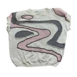 Shenanigans Vintage Retro Swirl Print Knit Short Sleeve Sweater Large Silk Blend